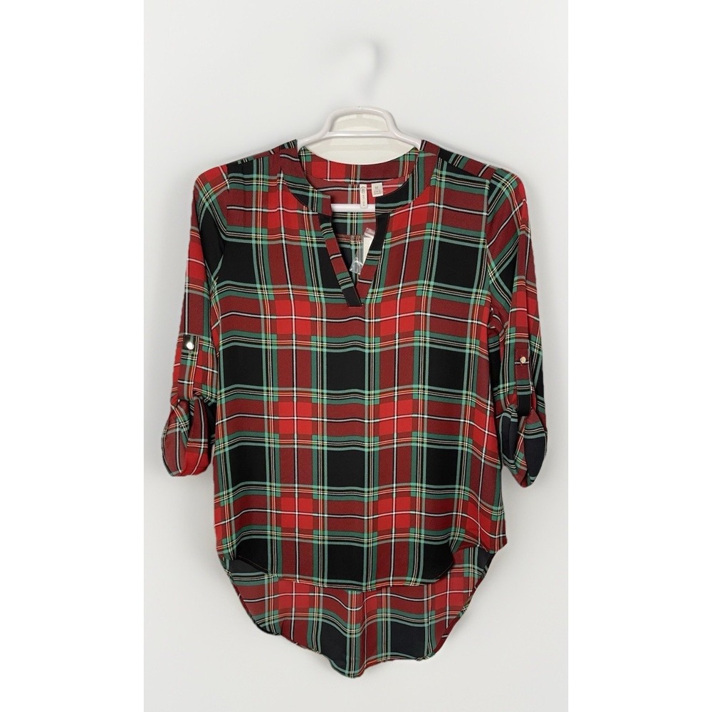NWT‎ Cato Christmas Plaid High/Low Blouse S~M Plus 3/4 Roll Tab Sleeve Classic - Picture 3 of 8